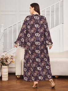 Al Najma Plus Size Middle Eastern Style Ornate Printed Long Sleeve Dress, Round Neck, Hollow Lace Trim Decor, Loose Comfortable Soft Digital Print Dress - Multicolor - View 2