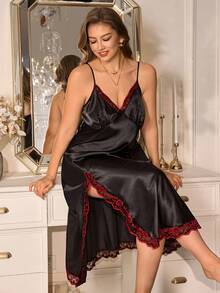 MuseNap CURVE 大码女士长款V领蕾丝拼接吊带裙，舒适仿丝睡袍，适合居家休闲或睡眠穿着 - 黑色 - 查看 1