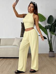 Muchica Women's Casual Knit Halter Neck Top And Pants Set, Light Yellow, Summer - Light Yellow - View 6