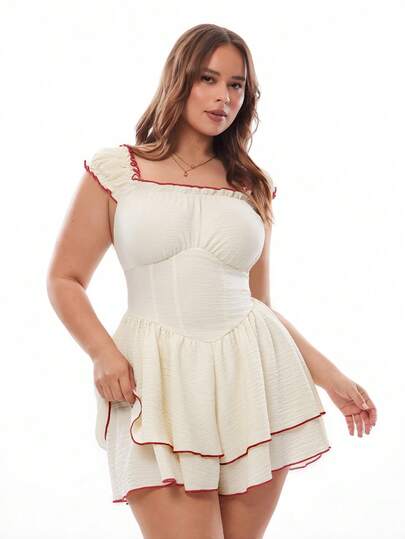 Solavibe Women Plus Size Spring Summer Vacation Beige Pleated Ruffle Hem Casual Everyday Romper Jumpsuit,Vacation,Vacation Style, Suitable For Party, Date, Afternoon Tea, Music Festival, Beach, Cruise, Summer Outfit One Piece Playsuit, Solid Color Texture Fabric Romper,Suitable For Seaside Vacation Island Vacation Outfits,Casual Street,Music Festival, Easter, Casual Style, Country Style, Brunch, Beach, Airport Outfit, Plus Size Milkmaid Dress, Plus Size Babydoll Dress, Short Dresses Curve, Tea Party Dress Curve
