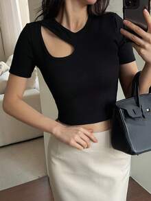 DAZY 女士夏季圆领短袖镂空性感休闲打底衫 - 黑色 - 查看 4
