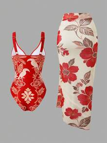 Swim Oasis Bộ đồ bơi liền thân in họa tiết, ôm sát, cổ chữ V, eo thon, thích hợp cho kỳ nghỉ biển. - Đỏ - Xem 2