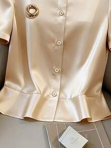Franclia Women's Elegant Champagne Gold Satin Blouse,Faux Pearl Collar,Metal Buttons,Puff Short Sleeve,Waist Cinched Office Work Shirt,Summer Holiday Top - Apricot - View 6