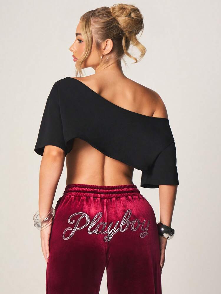 Missguided x Playboy Off Shoulder Rhinestone Bunny Graphic Short Sleeve Crop Top With Wide Neckline And Embellished Detail For Casual Wear And Evening Outfits