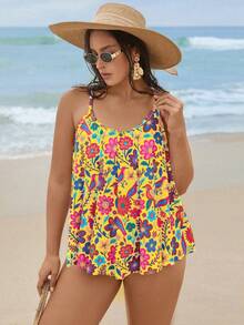 Swim Lushoire 2026 Set Baju Renang Tankini Wanita Ukuran Plus Terbaru, Baju Renang Dua Potong Motif Cetak Pinggang Tinggi dengan Hiasan Ruffle - Kuning - View 4