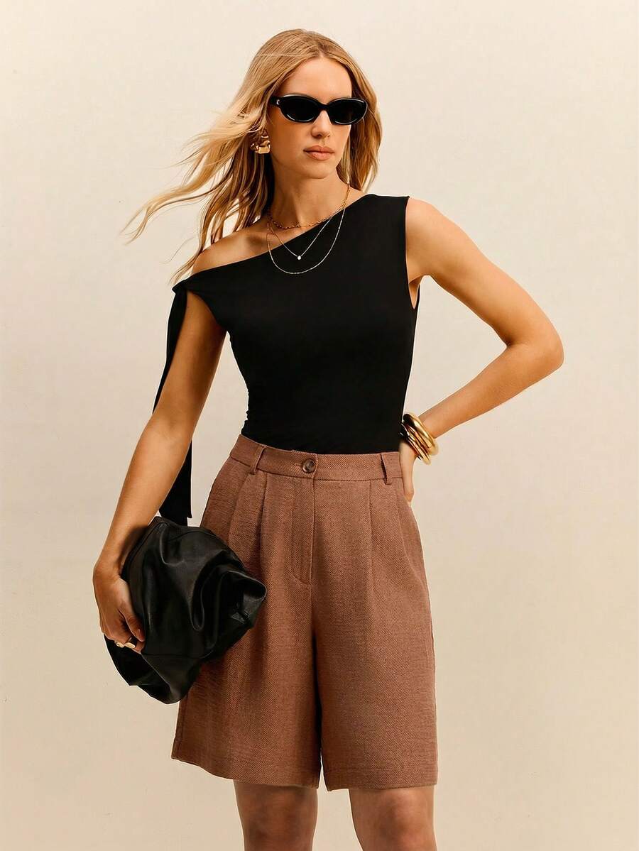 Daynim High Waist Plicated Detail Bermuda Shorts - Brown - View 1