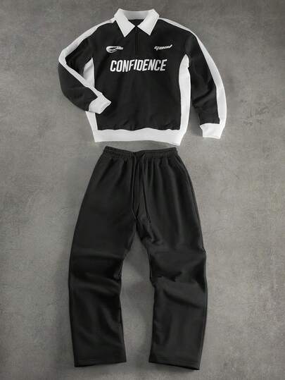 SLATEMANN 男士撞色印花套头衫卫衣和纯色长裤套装