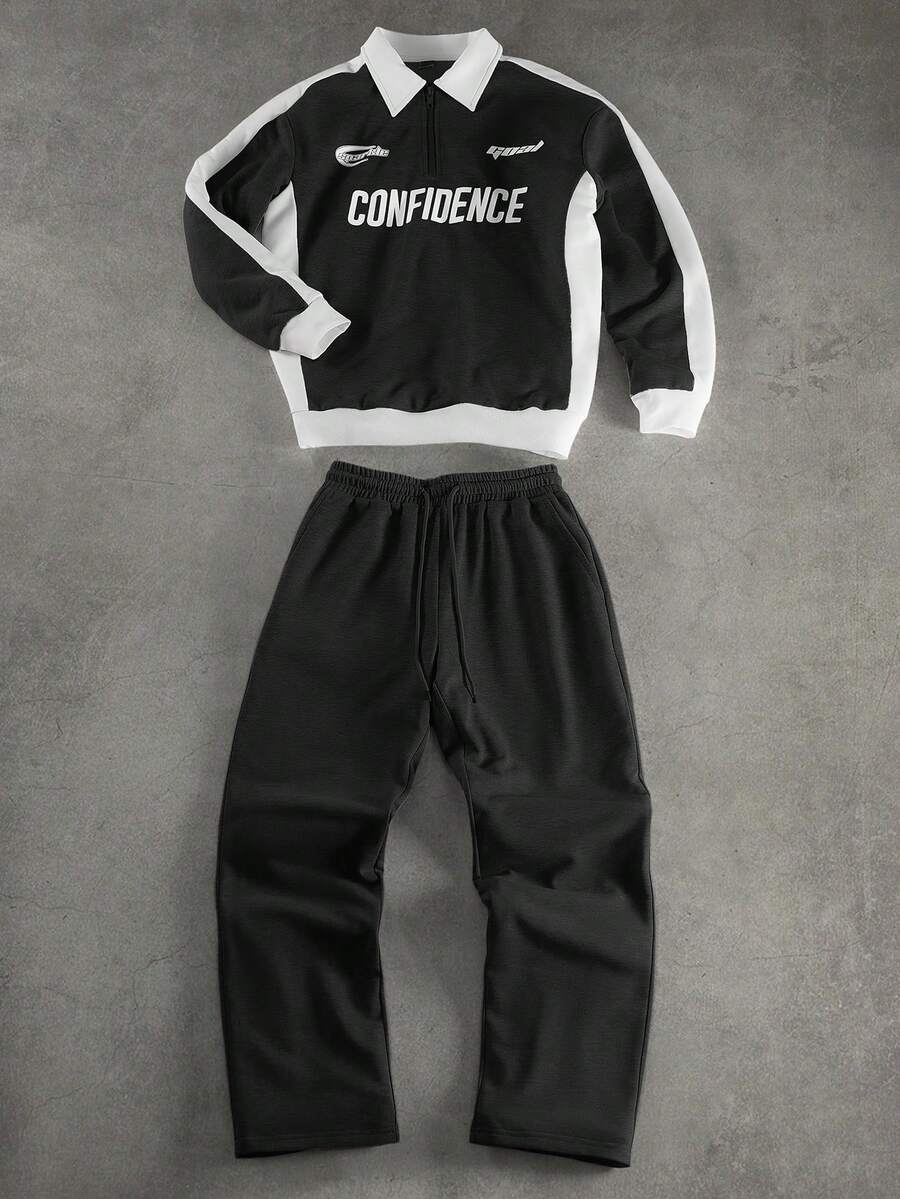 SLATEMANN Men's Contrast Color Print Pullover Pullover Sweatshirt And Solid Color Pants Set - Black - View 1