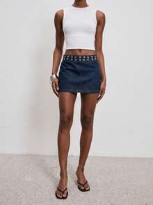 ATUI Studio Jupe mini en jean d'été respirante et polyvalente de couleur unie pour femmes - Bleu azur - Voir 4