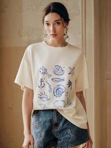 Anewsta Women's Vacation Ocean Element Print Loose Round Neck Short Sleeve T-Shirt - Apricot - View 6