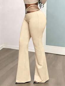 BamGleam Pantalones acampanados con hebilla de metal en la cintura, pantalones casuales de ajuste ceñido que alargan la pierna - Albaricoque - Ver 6