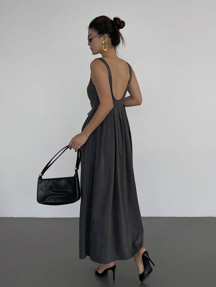 Women's Solid V-Neck Sleeveless Waist Cinched Mid-Length Vacation Dress, Summer