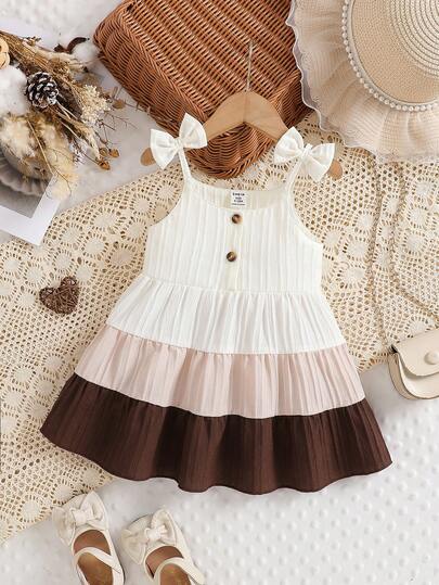 SHEIN 女婴拼布蝴蝶结装饰荷叶边休闲度假派对连衣裙