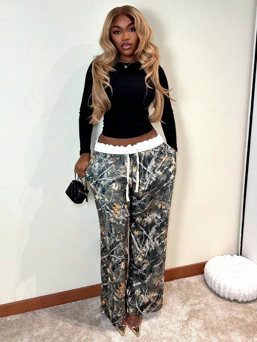 Women's Spring/Summer Back To School Basic Knit Camo Stretchy Comfortable Army Green Wide Leg Sweatpants - Green - View 1