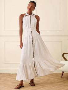 Lilora Vestido largo con cuello de camisa elegante para mujer - Blanco - Ver 3