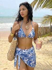 SHEIN 少女三件套蓝色碎花比基尼套装，细肩带，适合海滩度假游泳，春夏款 - 藍色 - 查看 7