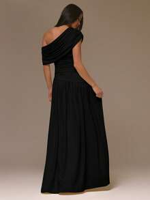 MUSERA Đầm maxi xếp ly bất đối xứng, nhún vai, thắt eo, phong cách cá tính, dễ thương, mùa đông, dự tiệc, thanh lịch. - màu đen - Xem 3