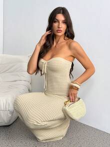 SHEIN Tall Crochet Summer Romantic Vacation Tight-Fitting Handmade Crochet Tube Top Dress, Suitable For Dates, Holidays, Casual And Elegant Daily Wear, Autumn/Winter - Apricot - View 1