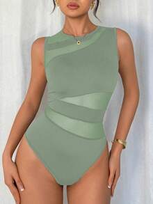Rafferiza Petite Elegant Sexy Round Neck Sleeveless Knitted Splicing Irregular Mesh Black Spring And Women's Summer Bodysuit Bodysuit Top Mesh Bodysuit Sleeveless Bodysuit Bodysuit Top - Green - View 5