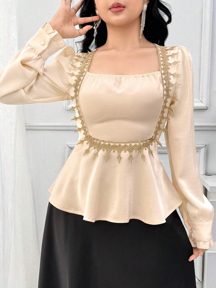 Women's Elegant Lace Patchwork Square Collar Puff Sleeve Frill Trim Blouse, Spring/Summer,Wedding Guest Dress Women Babydoll Top