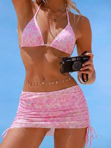 Swim Vcay 3pcs Women's Sexy Leopard Print Halter Neck Triangle Cup Mesh Sarong Bikini Set - Baby Pink - View 1