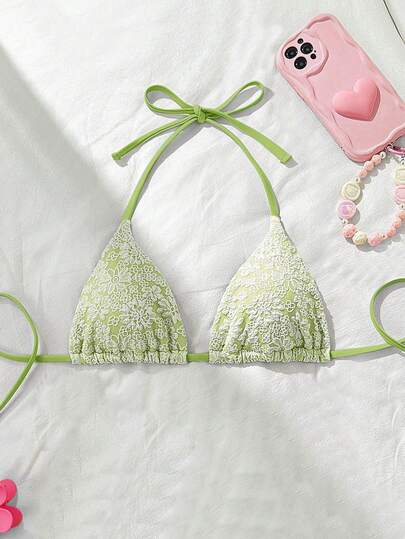 Swim Mod Pink Floral Textured Fabric Halter Neck Beach Vacation Bikini Top Lace Bikini Top Bikini Tops For Women Green Bikini Top Green Cute Bikini Top Triangle Bikini Top