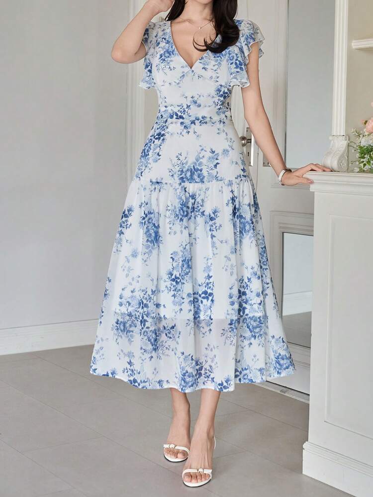 Women's Elegant Floral V-Neck Ruffle Trim Top And Skirt 2 Pieces Set, Summer