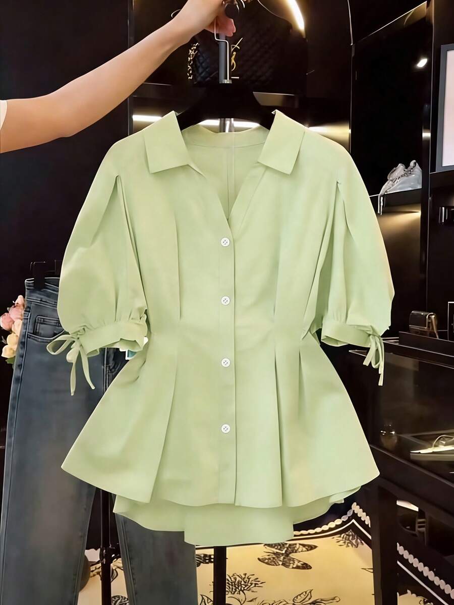Franclia Áo kiểu nữ tay ngắn thanh lịch, thiết kế ôm eo, tay phồng, thích hợp mặc mùa hè, đi biển, nghỉ lễ, màu xanh nhạt. - Màu xanh Bạc hà - Xem 1