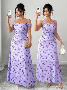 Elenzga Abito a-line da donna taglie forti con scollo quadrato, maniche a palloncino in rete e stampa floreale, design arricciato in vita, adatto per appuntamenti, vacanze e primavera/estate - Multicolore - Visualizzare 5