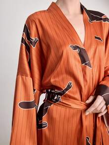 Ocili Silky Satin Animal Leopard Print Loose Belted Long Robe, Comfortable Women Sleepwear - Coral Orange - View 5