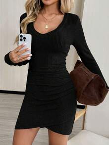 Easowa Women's Plain Black V-Neck Ruched Waist Bodycon Long Sleeve Dress,Autumn Casual Night Out Irregular Hem Textured Ribbed Fleece Slim Fit Short Dress - Black - View 7
