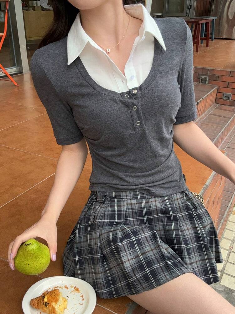 Women's Patchwork Contrast Color 2 In 1 Short Sleeve Polo Collar Casual Summer Top