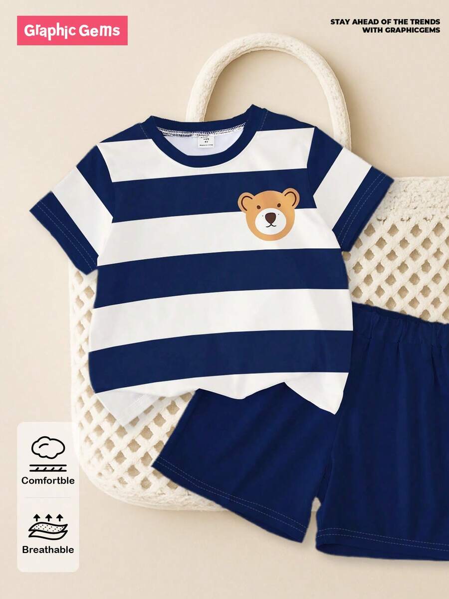 SHEIN GraphicGems 一套男童休闲时尚简约蓝白条纹小熊印花短袖圆领T恤和短裤套装,适合春夏季户外、运动、上学穿着。 - 彩色 - 查看 1