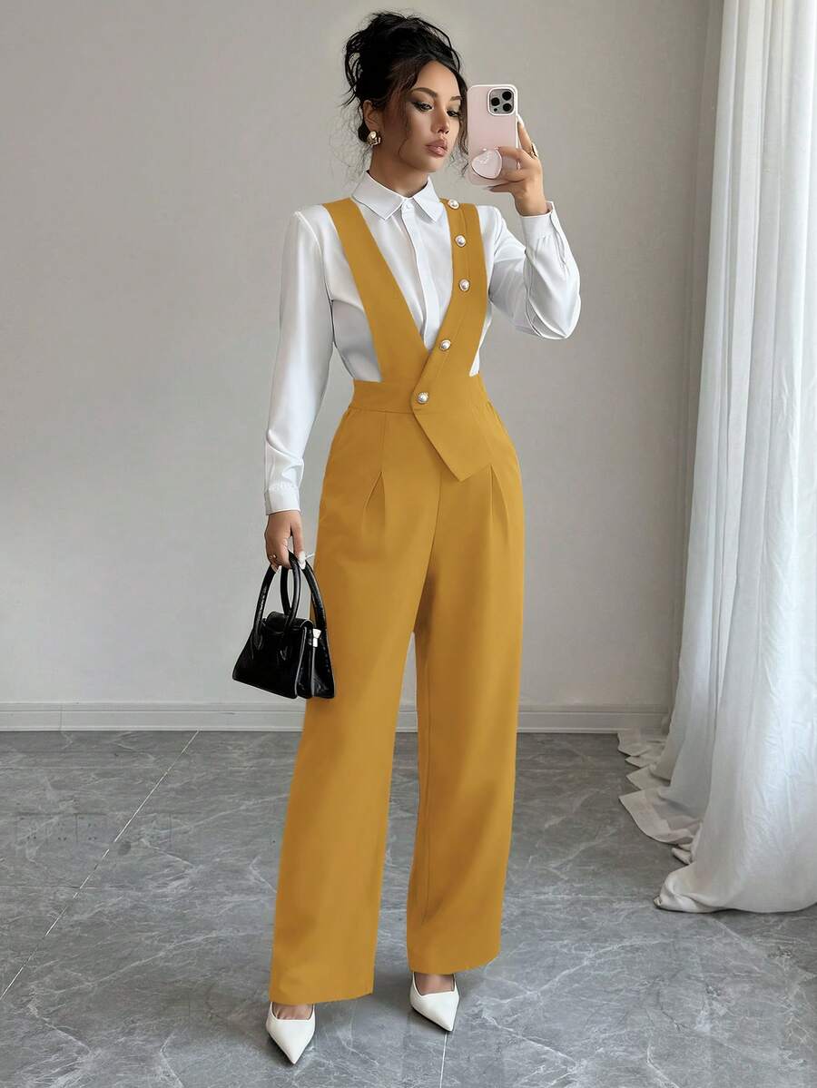 SHEIN Elenzya 女士新款休闲阔腿连体裤，黑色 - 黃色 - 查看 1