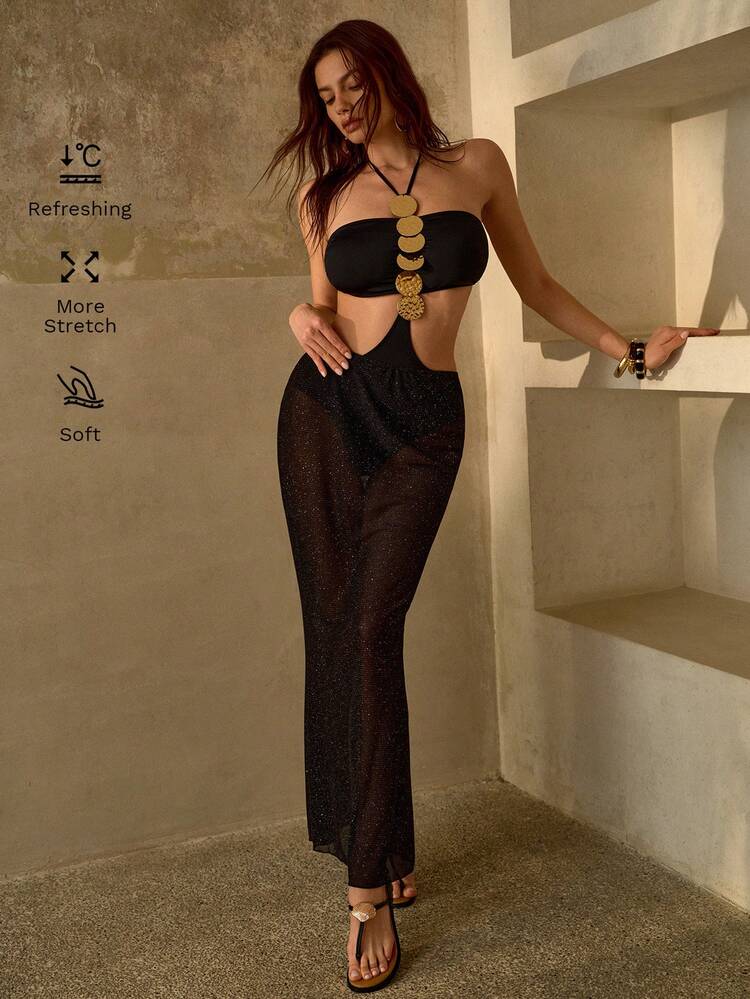 우아한 금속 장식 컷아웃 허리 시스루 글리터 니트 보헤미안 1피스 수영복 & 커버업 스커트 세트