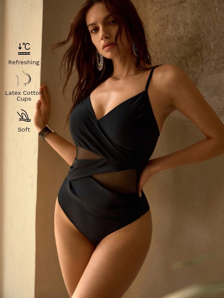 ELEGANT SLIMMING MESH PATCHWORK SEE-THROUGH ONE-PIECE SWIMSUIT, MINIMALIST CHIC BEACH VACATION ATTIRE