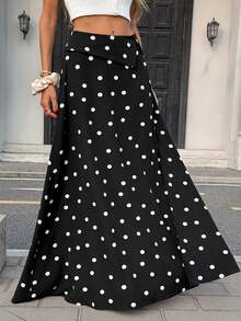 Pariaura Casual Black Polka Dot Print Maxi Skirt For Women Stylish Flared Design With Zipper Detail - Black - View 5