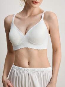Ocili 1pc Women's Seamless Wireless Bra With Lace Trim, Supportive Soft Cup, Adjustable Shoulder Strap, Daily Comfort Wedding - White - View 1