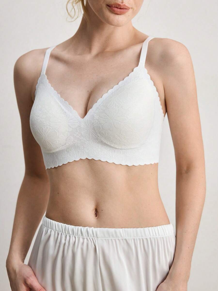 Ocili 1pc Women's Seamless Wireless Bra With Lace Trim, Supportive Soft Cup, Adjustable Shoulder Strap, Daily Comfort Wedding - White - View 1