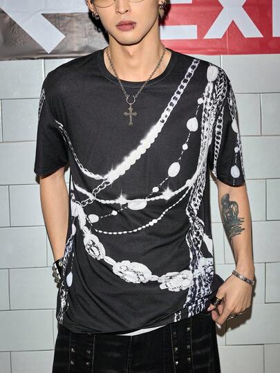 ROMWE MEN Grunge Punk Men's Casual Chain Print Short Sleeve T-Shirt, Summer