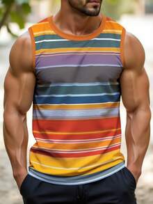 Manfinity Dauomo 男士新款复古条纹度假休闲背心，夏季上衣，男士上衣 - 彩色 - 查看 1