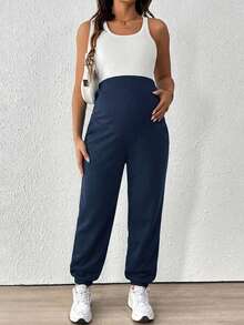 SHEIN Quần bầu màu trơn, cạp chun điều chỉnh được, kiểu dáng thoải mái, đa năng, thích hợp mặc hàng ngày. - Xanh đậm - Xem 6