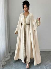 Elenzga 女士休闲绿色蕾丝拼接无袖连衣裙，配宽松外袍，两件套，早春 - 卡其色 - 查看 3