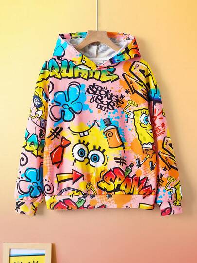 SpongeBob SquarePants | SHEIN Tween Boy Casual Cartoon Pattern Hooded Loose Fit Knit Sweatshirt