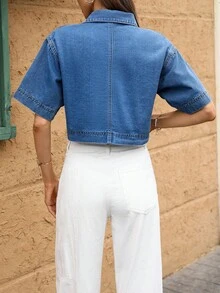 EMERY ROSE Women's Casual Front Button Pocket Short Sleeve Denim Jacket, Summer - Light Wash - View 2