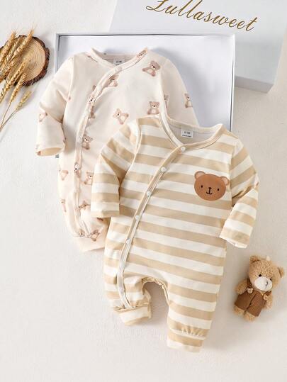 SHEIN 两件套卡通印花长袖连体衣，适合新生儿和男童，面料舒适简约，居家送礼皆宜。