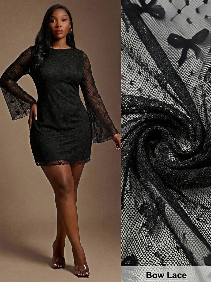 SHEIN SXY Valentine Plus Size Elegant Solid Color Black Lace Midi Dress,Autumn See Through Mesh Two Pieces Set For Curve,Goth Night Out Club Party Outfit, - Black - View 1