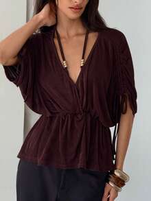 Aloruh Women's Brown Deep V-Neck Loose Ruched Tie Waist Ruffle Hem Shiny Short Sleeve Blouse - Brown - View 4