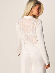 MISSGUIDED Women's Lace Detail Long Sleeve Button Down Shirt And Wide Leg Pant Pajama Set Sleepwear Loungewear Nightwear - White - View 5