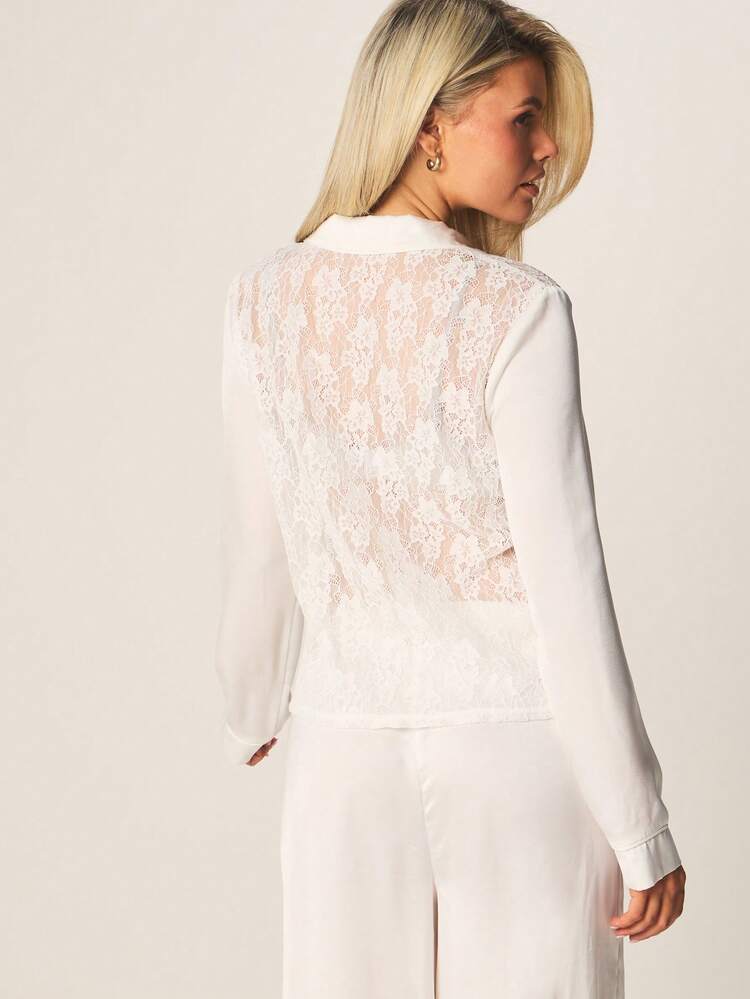 MISSGUIDED Damska koszula z długim rękawem i guzikami z koronkowymi detalami oraz szerokie nogawki, komplet piżamowy, bielizna nocna, odzież domowa